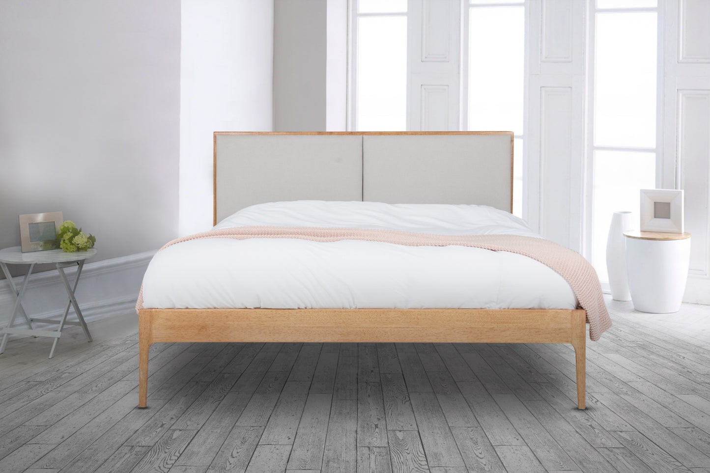 Micah Bedframe - Oak Finish with Upholstered headboard