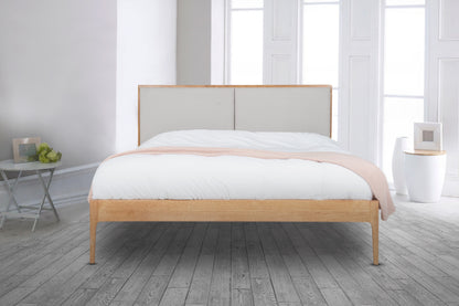 Micah Bedframe - Oak Finish with Upholstered headboard