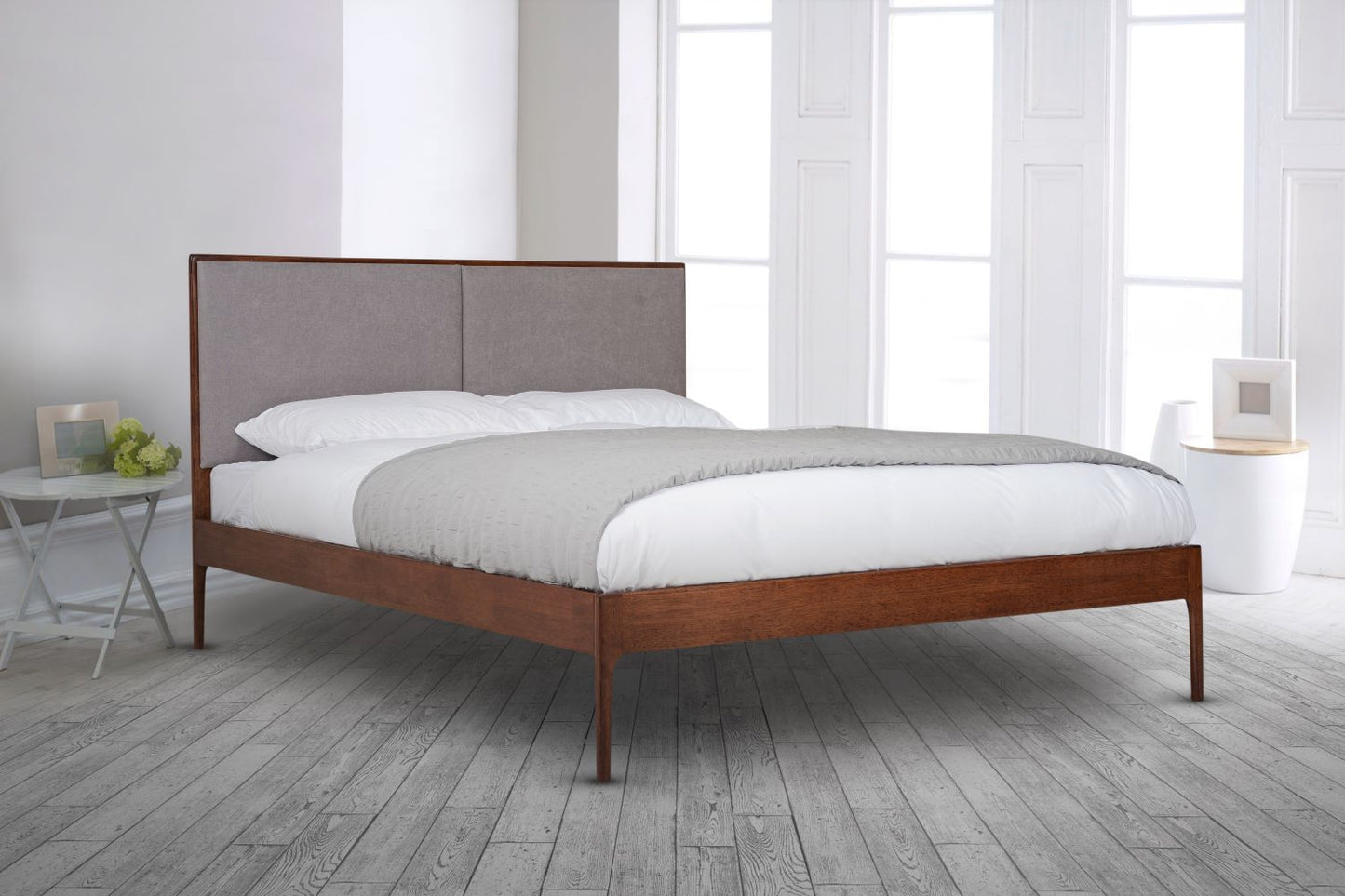 Leon Bedframe - Walnut Finish With Upholstered Headboard