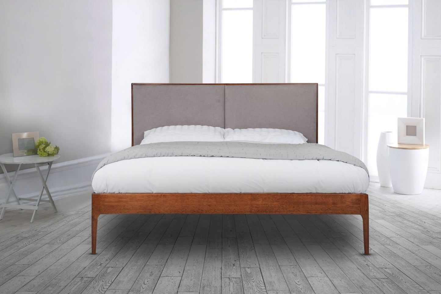 Leon Bedframe - Walnut Finish With Upholstered Headboard